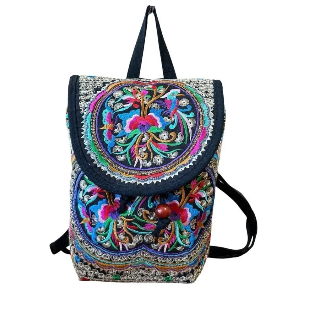 Canvas Multicolor Spanish Style Embroidered Backpack with Floral Embroidery